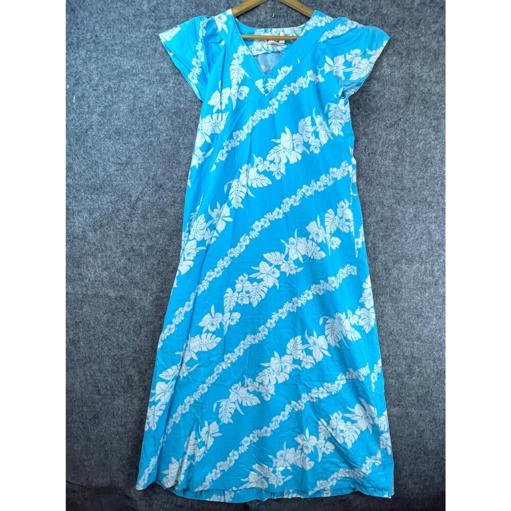 Vintage Malihini Hawaii Dress Women Medium Blue White Vacation Resort Muumuu 60s